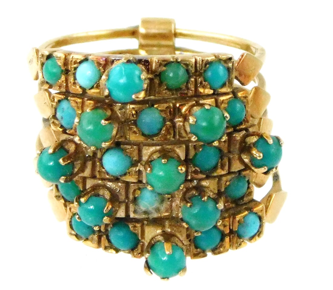 JEWELRY: 18K Multi-band turquoise ring, five bands, stamped and tested “18K?? yellow gold, set (1 of 3)
