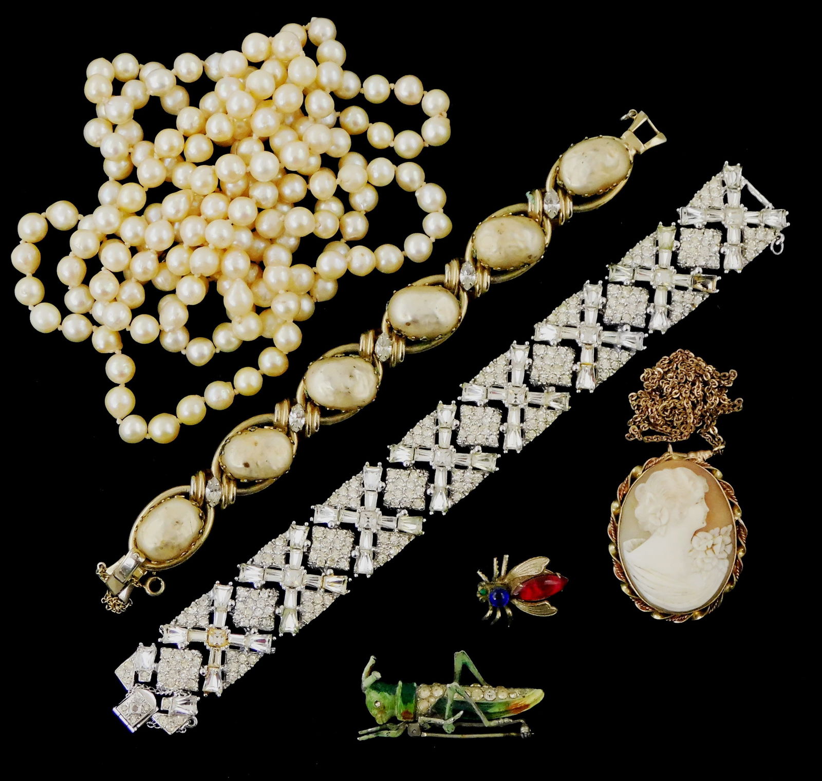 JEWELRY: 10K Gold Cameo and fine costume by Denbe, Coro, Pedo, etc., six pieces: 10K Cameo: JEWELRY: 10K Gold Cameo and fine costume by Denbe, Coro, Pedo, etc., six pieces: 10K Cameo pin/pendant, oval frame with pin stem and hinged bail, stamped and tested "10K" yellow gold, set with one ova