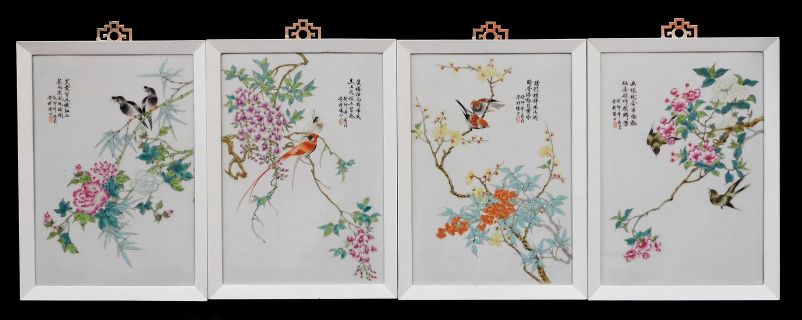 ASIAN: Four Chinese Rose Canton enameled porcelain plaques, 20th C., pairs of birds and floral (1 of 5)