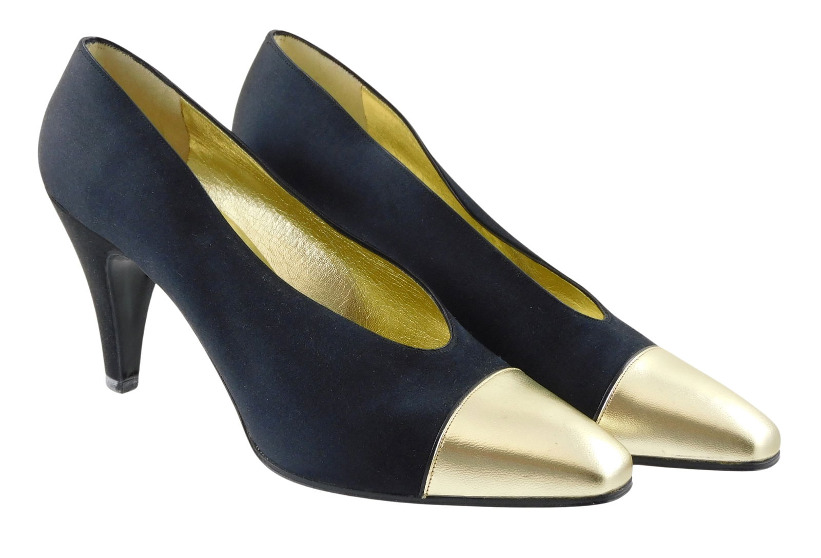 DESIGNER: CHANEL classic bi-color cap toe heel, satin and leather trim, Y2K, made in France, (1 of 3)