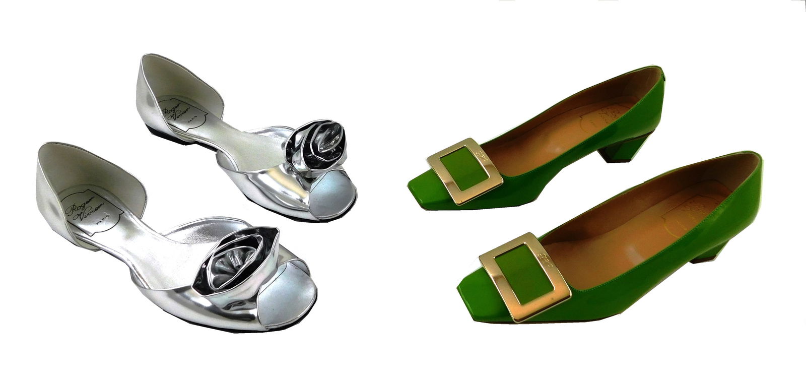 DESIGNER: Two pairs of shoes by ROGER VIVIERE, heel and flat sandal, details include: green patent: DESIGNER: Two pairs of shoes by ROGER VIVIERE, heel and flat sandal, details include: green patent leather pump, square toe, gold buckle detail, in new unworn condition, purchased at Saks Fifth Avenue