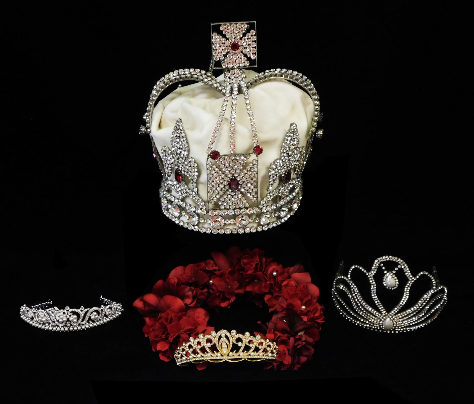 Swarovski, etc., costume jeweled crown and three similarly decorated tiaras including one by (1 of 5)