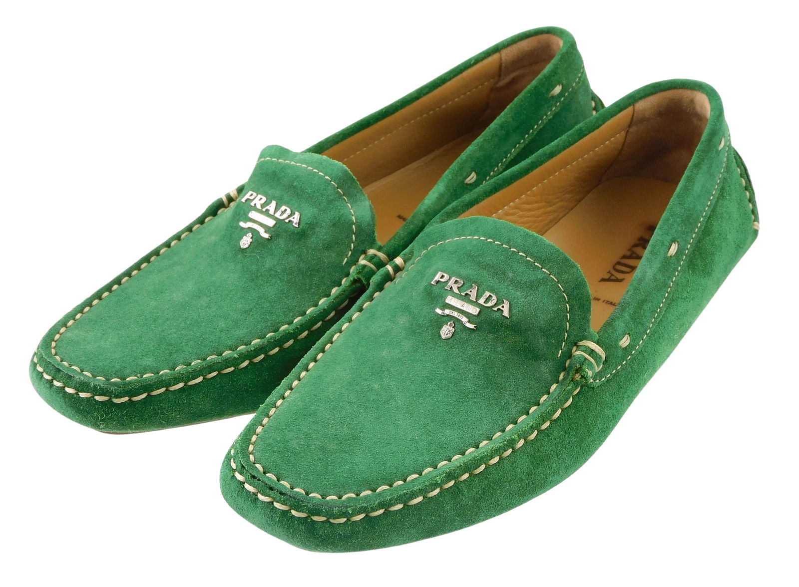DESIGNER: PRADA driver loafer, suede, made in Italy, green, slip on style, original price $370, in: DESIGNER: PRADA driver loafer, suede, made in Italy, green, slip on style, original price $370, in new with tags unworn condition, size 7.5.