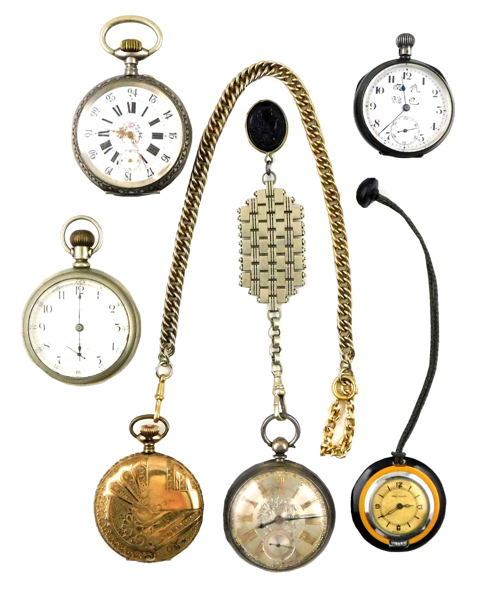 Six pocket watches, in silver, gold plate, etc., including: Waltham gold filled hunting case watch (1 of 3)