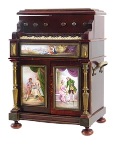 Viennese enamel and wooden piano-form jewelry chest, 19th C., upright piano form with bone-type