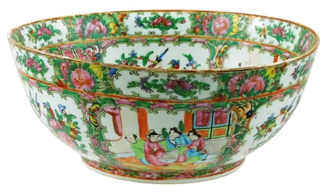 ASIAN: Chinese Export Rose Medallion porcelain punch bowl, interspersed panels of figures and bird