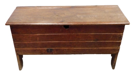 Blanket chest, New England, early 18th C., pine sixboard nailed construction with original snipe