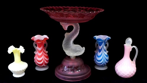 GLASS: Five similarly designed glass pieces, two Nailsea style vases with handles and ruffled tops,