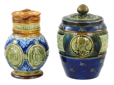 Doulton Lambeth Commemorative hollowware, two pieces, English, late 19th/ early 20th C., including: