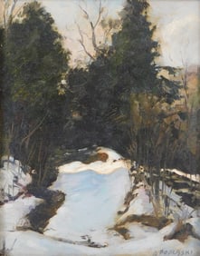 Alex Poplaski (Connecticut / Ukraine, 1906-1988), "Woodland Trail in Winter", oil on board, depicts