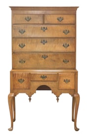 Highboy, American, 20th C, maple and curly maple, reproduction in Queen Anne style, flat top with
