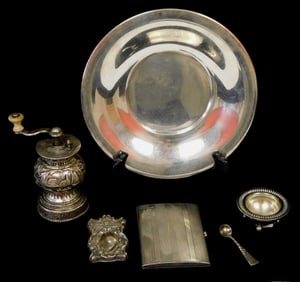 SILVER: Gorham, J. E. Caldwell, etc., six table-top accessories, mostly sterling, details include: