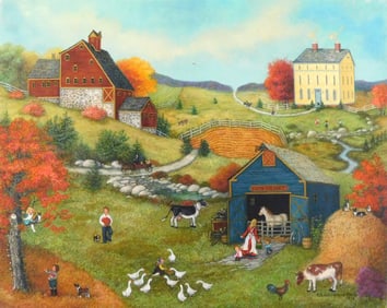 Linda Nelson Stocks (American, 1938-2011), 1997, "Fall on the Farm", scene of a picturesque New