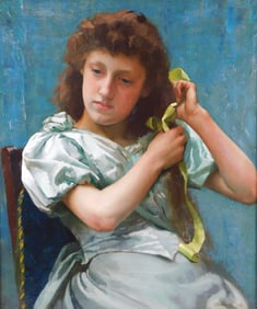 J. Waddington (active Mid-19th C.), "Girl with Yellow Ribbon", 1859, oil on canvas, depicts lovely