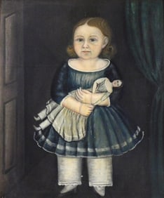 Portrait of young girl holding a doll, in the manner of Joseph Goodhue Chandler (1813-1884) oil on
