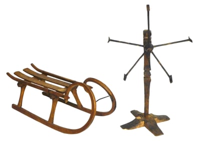 AMERICANA: Carved wood 18th C. yarn winder and early 20th C. child's sled, details include: yarn