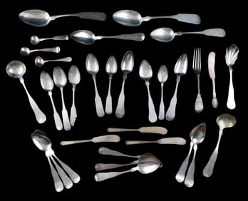 SILVER: Twenty-six pieces of tested silver flatware and one marked coin, pieces include tablespoons,