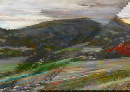 Louis Aston Knight (American, 1873 - 1948), "Housatonic Valley", oil on board, impressionistic: Louis Aston Knight (American, 1873 - 1948), "Housatonic Valley", oil on board, impressionistic rendering of hillside view in late summer, valley farms in midground with darkly toned mountains and clou