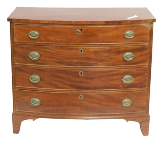 Bowfront chest, New England, late 18th-early 19th C., mahogany veneer on pine, edge banded bowed