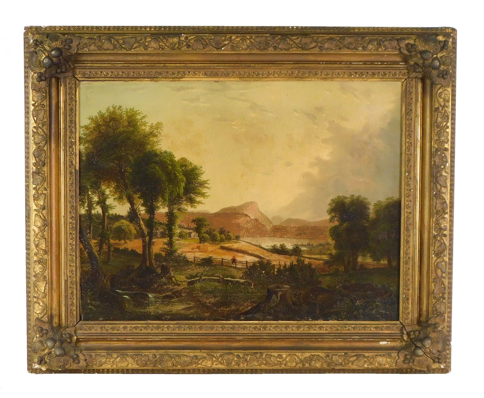 19th C. Landscape painting, American, oil on canvas, depicts a tamed wilderness with stream and (1 of 5)