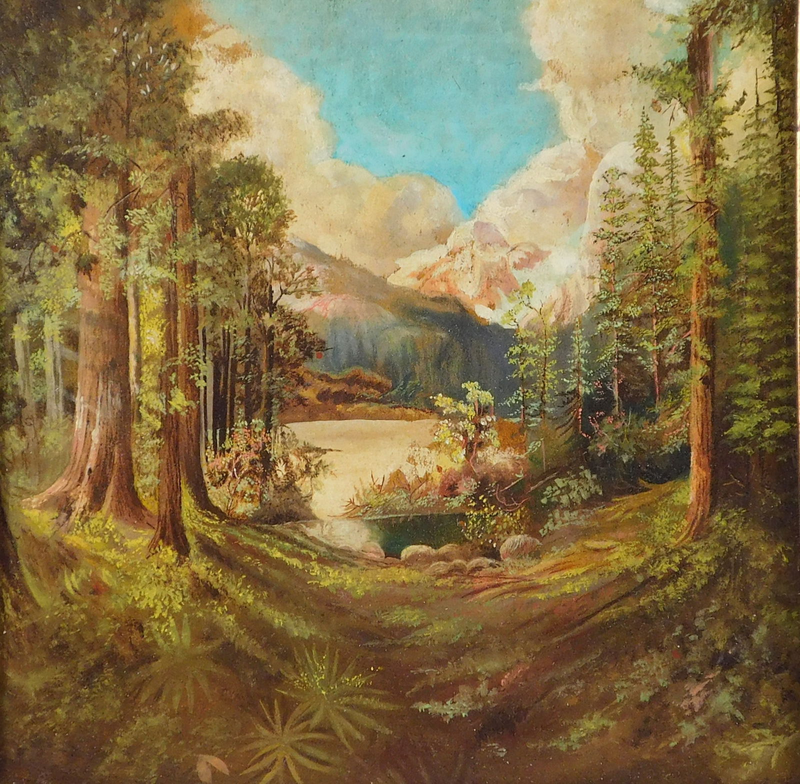 Oil on board landscape, late 19th/ 20th C., signed "Arthur Parton" in block letters lower left,: Oil on board landscape, late 19th/ 20th C., signed "Arthur Parton" in block letters lower left, depicts path through woods leading to stream and then open field, mountainous background, in newer frame