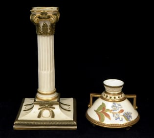 Royal Worcester, two pieces, twin handled vase and columnar candlestick, both marked on base,