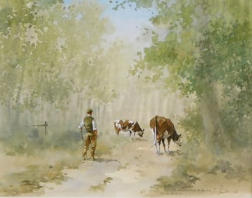 Signed watercolor landscape, French, 2007, depicts herdsman and two cows casually traveling along a