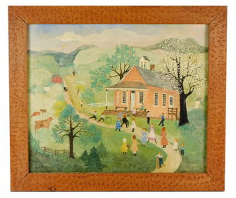 +Mrs. Jeanette Davies (American, 20th C.) "The Little Red School House" naive style acrylic on