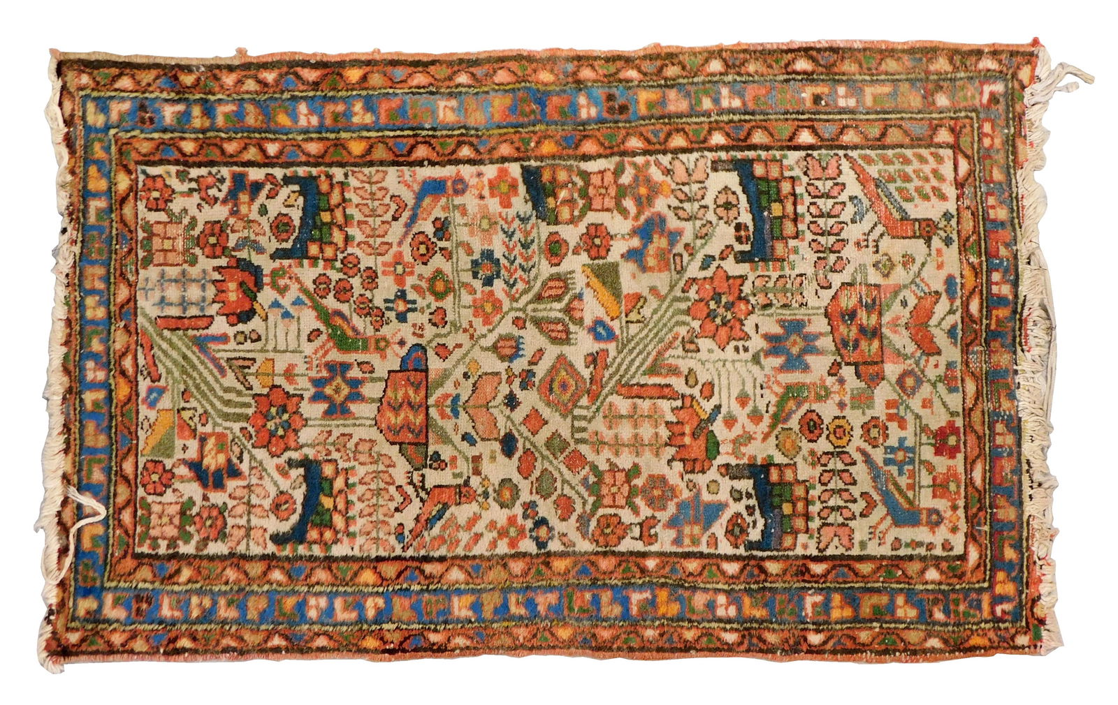 RUG: Semi-antique Persian, 3' 7" x 2' 4", wool on cotton, cream field, blue primary border, accent (1 of 3)