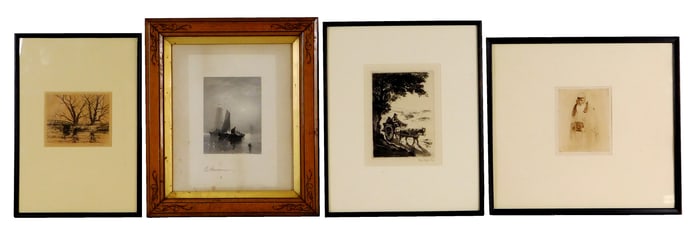 Robert Hogg Nisbit, Eugene Higgins, Abraham Philips, Edward Moran, four framed prints, including: