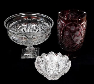 CUT GLASS: Three pieces including: American Brillant Cut small bowl with scalloped sawtooth rim and