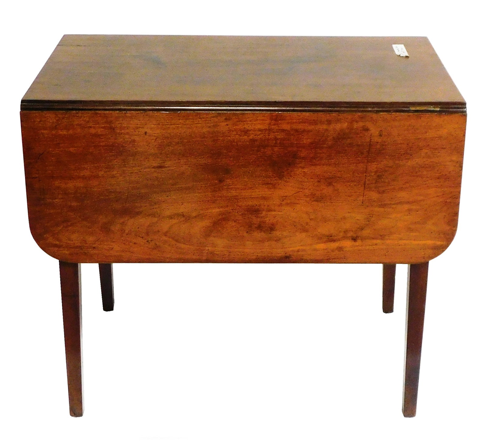 Pembroke table, American, c.1800, mahogany, single drawer with round brass pull inlay across bottom: Pembroke table, American, c.1800, mahogany, single drawer with round brass pull inlay across bottom edge, rounded corner leaves, on tapered legs, refinished, some restorations, expected wear with age 