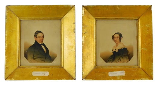 Portraits, pair of 19th C. water color portraits, the woman titled "Clarissa Hosmer" and the man