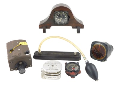 WWII Aeronautical grouping, six pieces: German WWII aeronautical parachute harness release; WWII gun