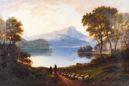 19th C. Pastoral Landscape, oil on canvas, a bright sky over blue mountains, two figures tend a