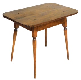 Splay leg table, American, pine top, maple, base, rectangular pegged top, serpentine cut corners,