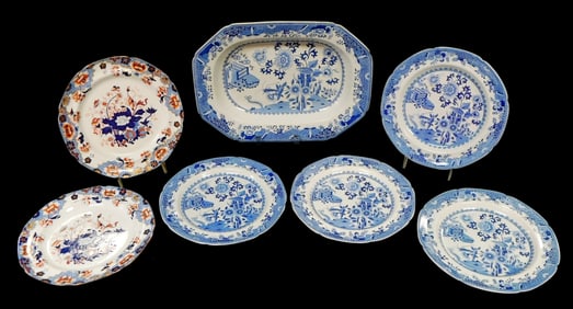 CHINA: Spode transferware, seven pieces, including: five pieces of Spode "Grasshopper" pattern