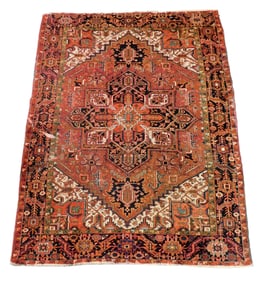 RUG: Semi-antique Persian Heriz, 7' 10" x 10', wool on cotton, red field with midnight blue primary