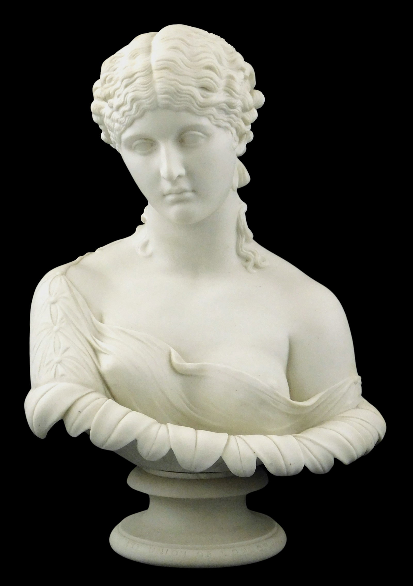 SCULPTURE: Parian bust of Clytie by Copeland, mid-19th C., England, special order through the Art: SCULPTURE: Parian bust of Clytie by Copeland, mid-19th C., England, special order through the Art Union of London, depicts the sea nymph issuing from foliage, on circular pedestal base signed "Art Uni