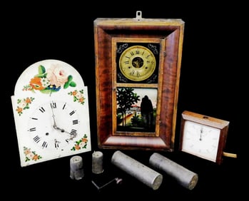 CLOCKS: Wall clock, clock parts and a counting machine, all 19th C., including: Chauncy Jerome OG