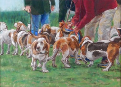 Susan Donnell (American, 20th/ 21st C.), "Getting Ready", pastel on paper, depicts hunting dogs