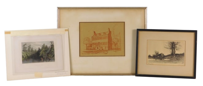 Three prints/ drawings by Nan Lindahl, Leon Jay Meyer, and William H. Bartlett, details include: