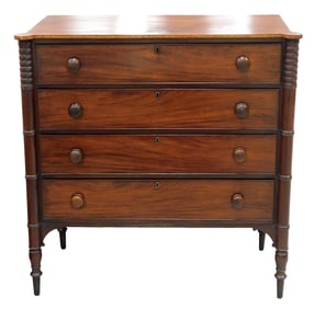 Four drawer chest, Massachusetts, early 19th C., Sheraton, mahogany ovolo corner top with half-moon