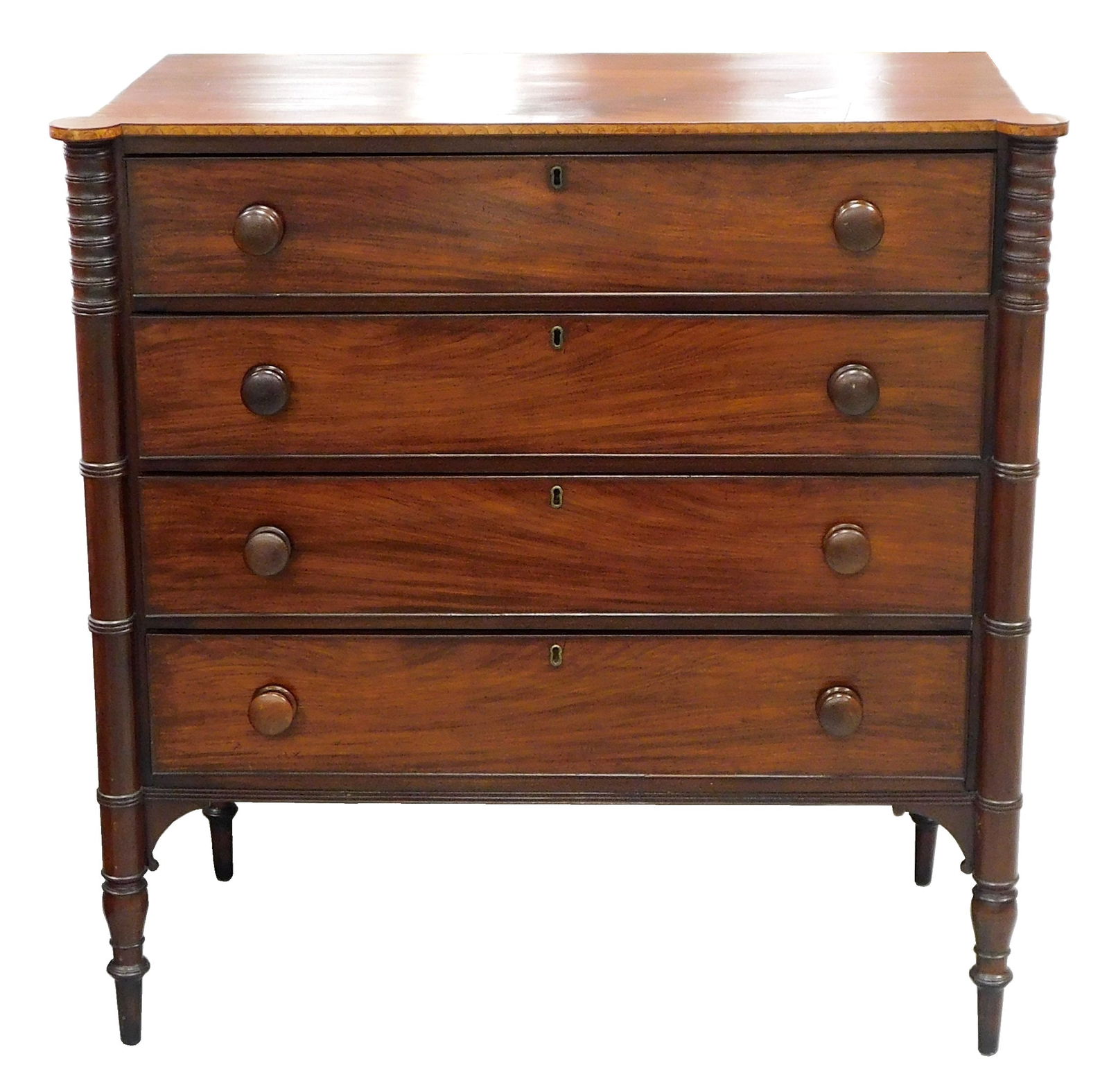 Four drawer chest, Massachusetts, early 19th C., Sheraton, mahogany ovolo corner top with half-moon (1 of 2)