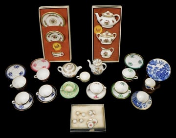 CHINA: Spode, Wedgwood, Coalport, etc., varied miniature porcelain tea sets and cups, 40+ pieces,