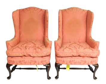 Wing chairs, pair, American, Queen Anne style in red damask upholstery, arched crest, straight back