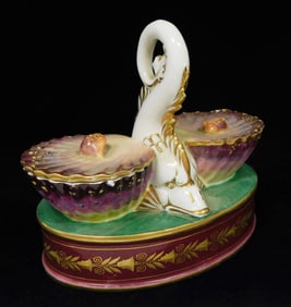 Denuelle, Paris porcelain inkwell, 19th C., polychrome and gilt decorated, modeled with central