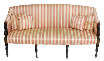 Sofa, Salem, MA, c.1800-1810, Sheraton in red stripe upholstery, mahogany reeded arms and reeded