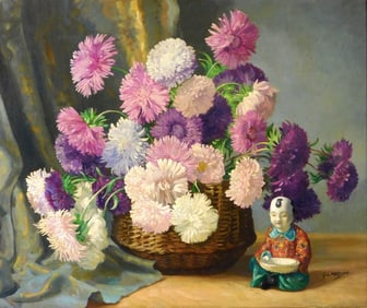 George L. Nelson (American, 1887-1978), "Asters", oil on Masonite, still life floral study featuring