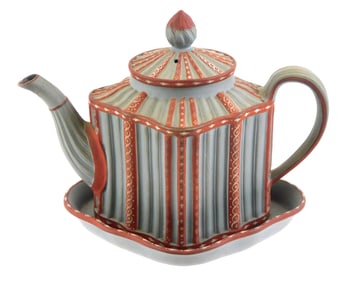 English stoneware teapot with encaustic decoration, c. 1800, probably Samuel Hollins Pottery,